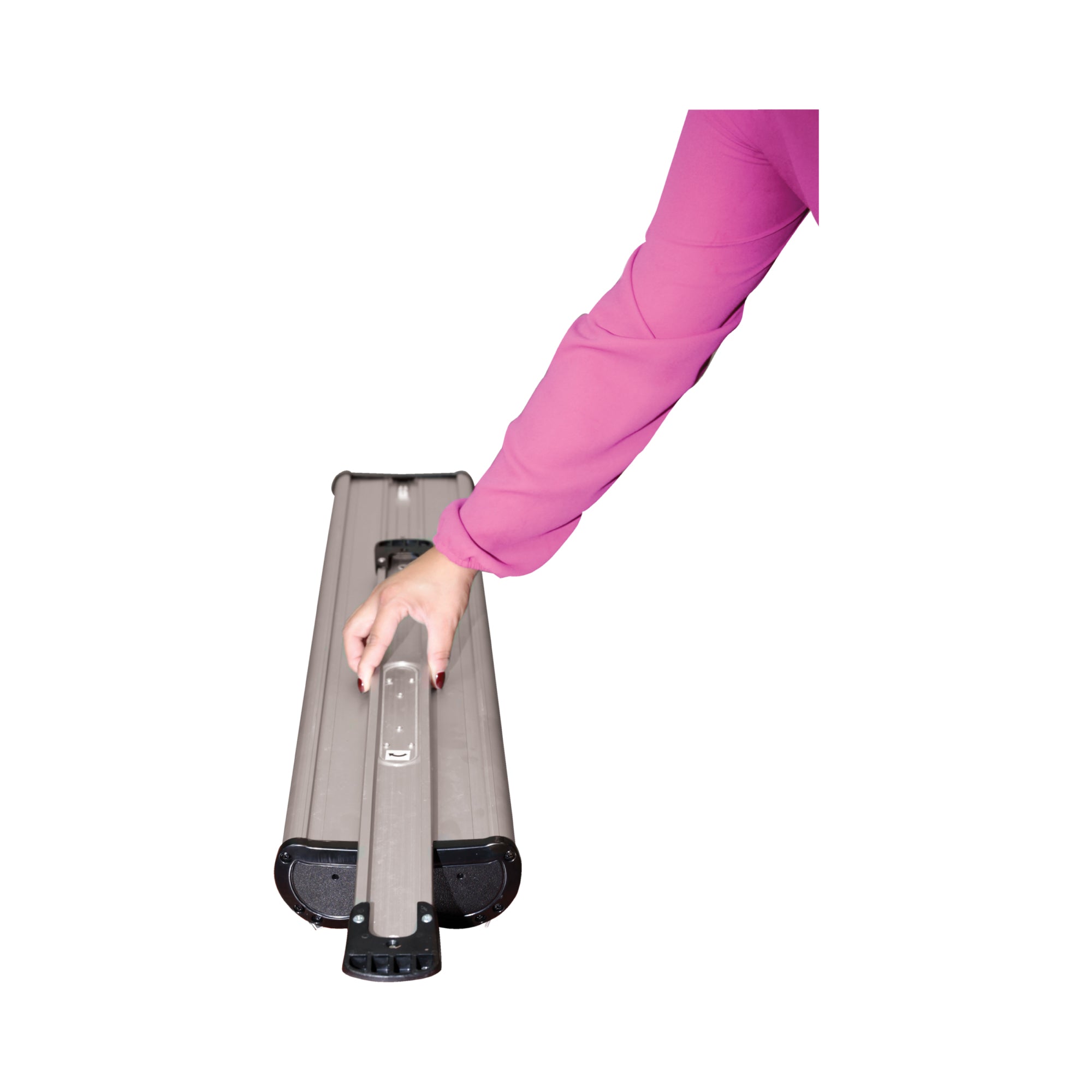 Person opening a portable roller banner stand case for trade shows and exhibitions