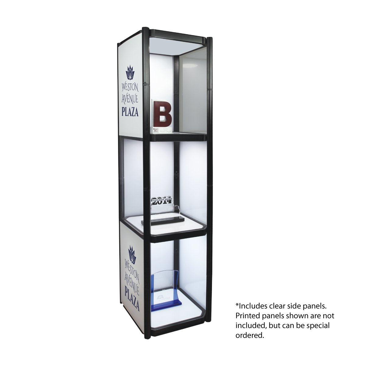 Three-shelf portable display cabinet with transparent side panels for trade shows and special events