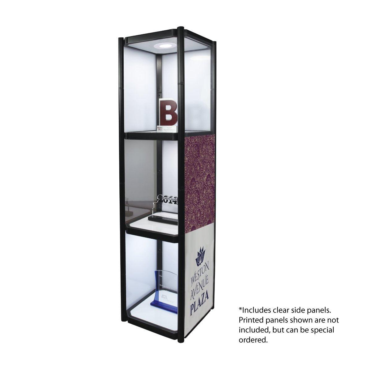 Three-shelf portable display cabinet with clear panels for showcasing awards at trade shows and exhibitions