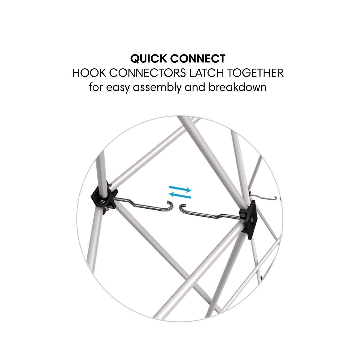 Hook connectors on a collapsible frame for quick assembly and breakdown at trade shows and exhibitions