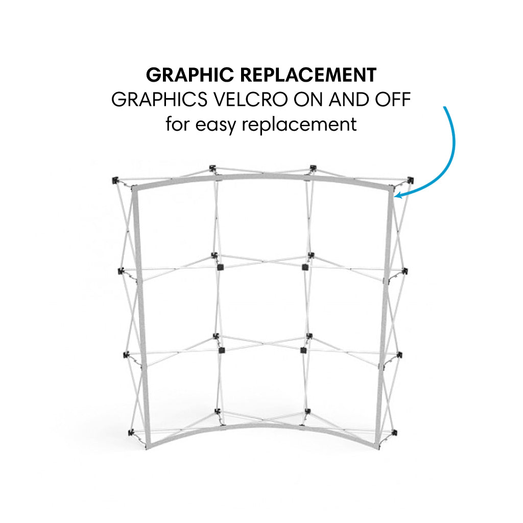 Curved pop-up display frame with graphic replacement for trade shows and exhibitions