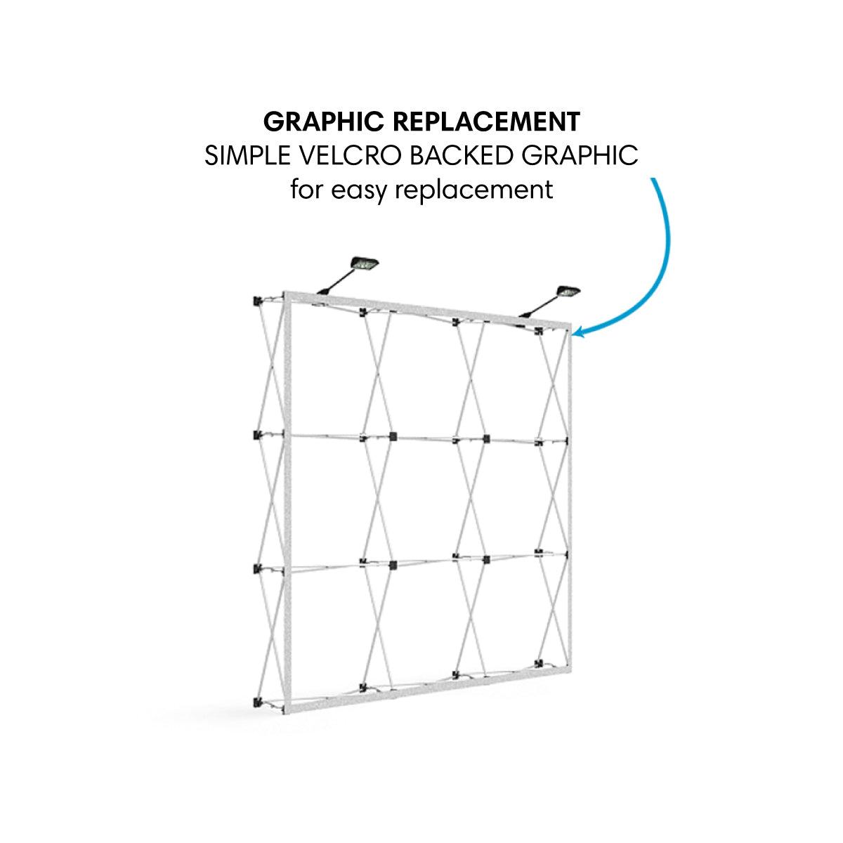 Collapsible trade show display frame with adjustable lights for easy graphic replacement at exhibitions
