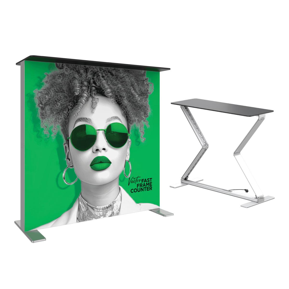 Trade show fast frame counter with promotional graphic display and collapsible table frame for exhibitions