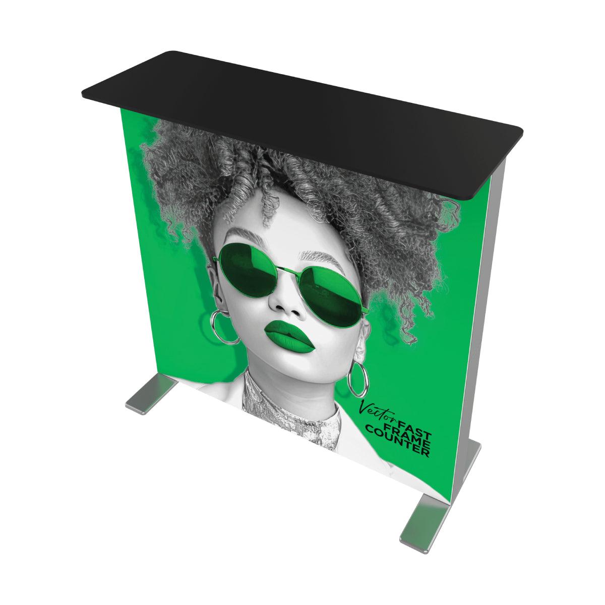 Trade show counter with custom graphic display featuring a stylish woman for exhibitions and events