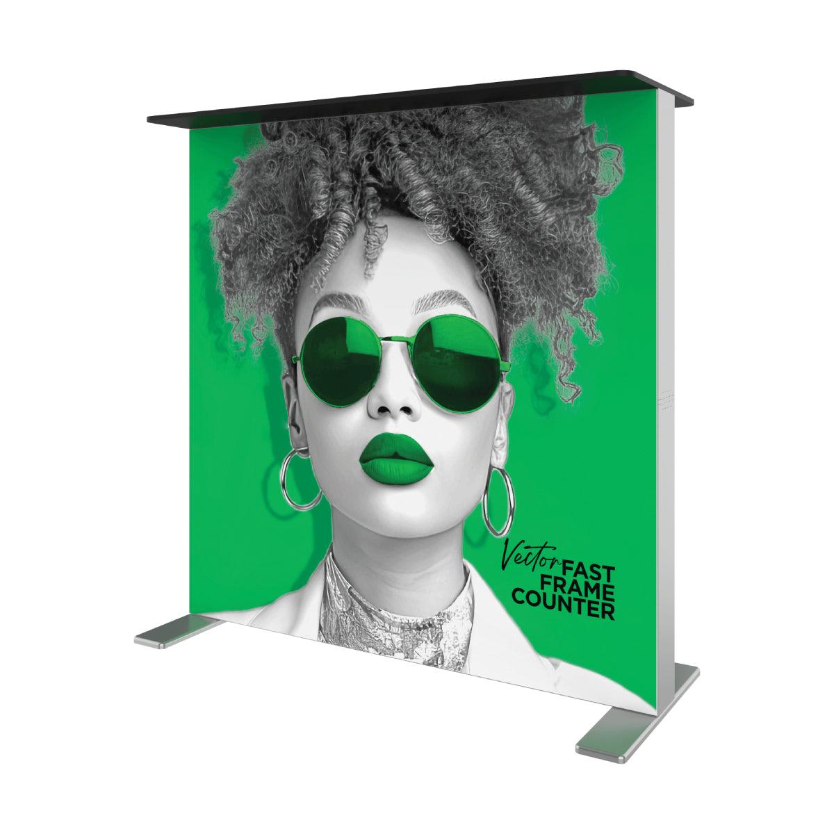 Freestanding trade show display with vibrant portrait graphic and bold text for exhibitions and events