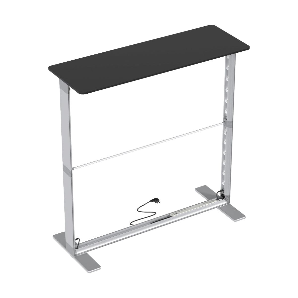 Portable trade show counter with metal frame and black tabletop for exhibitions and special events