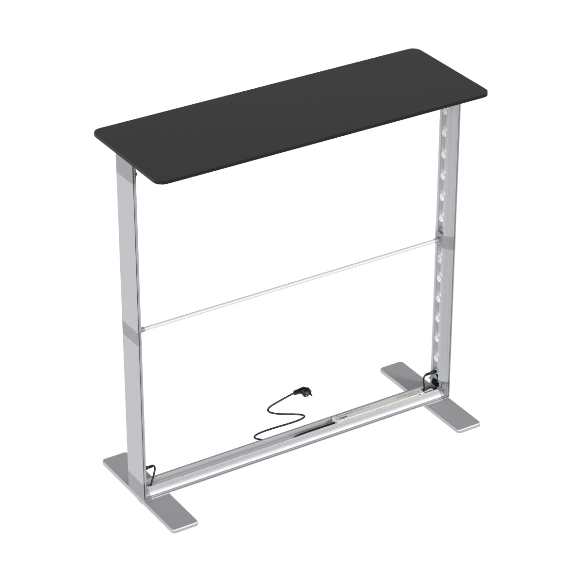 Portable trade show counter with metal frame and black tabletop for exhibitions and special events