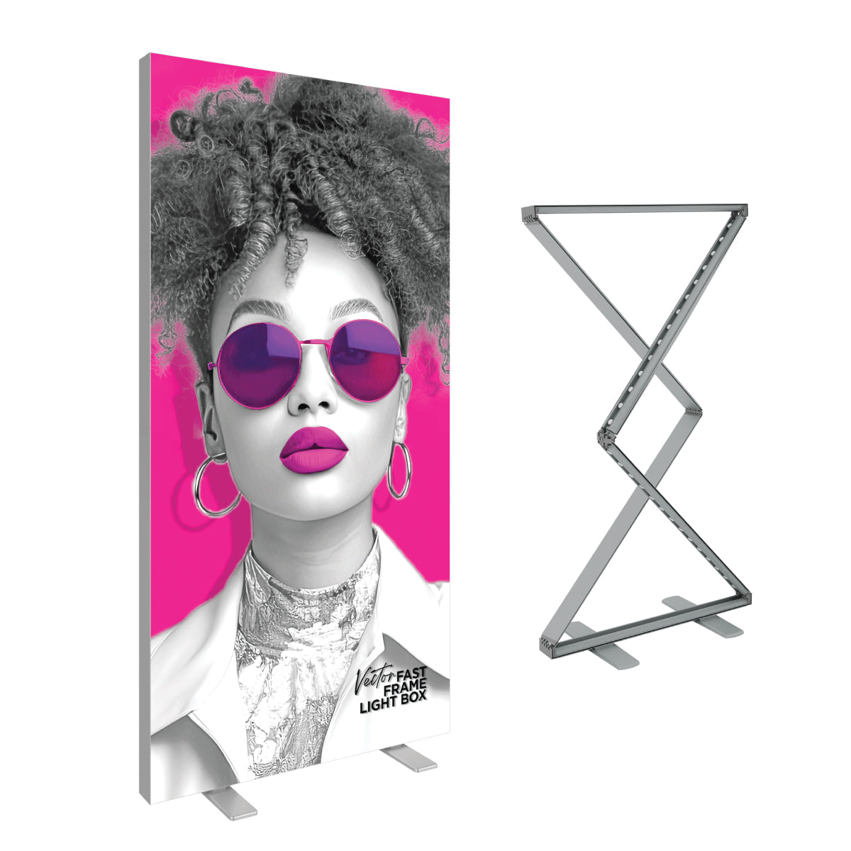 Freestanding fast frame light box display with high-impact fashion portrait for trade shows and exhibitions