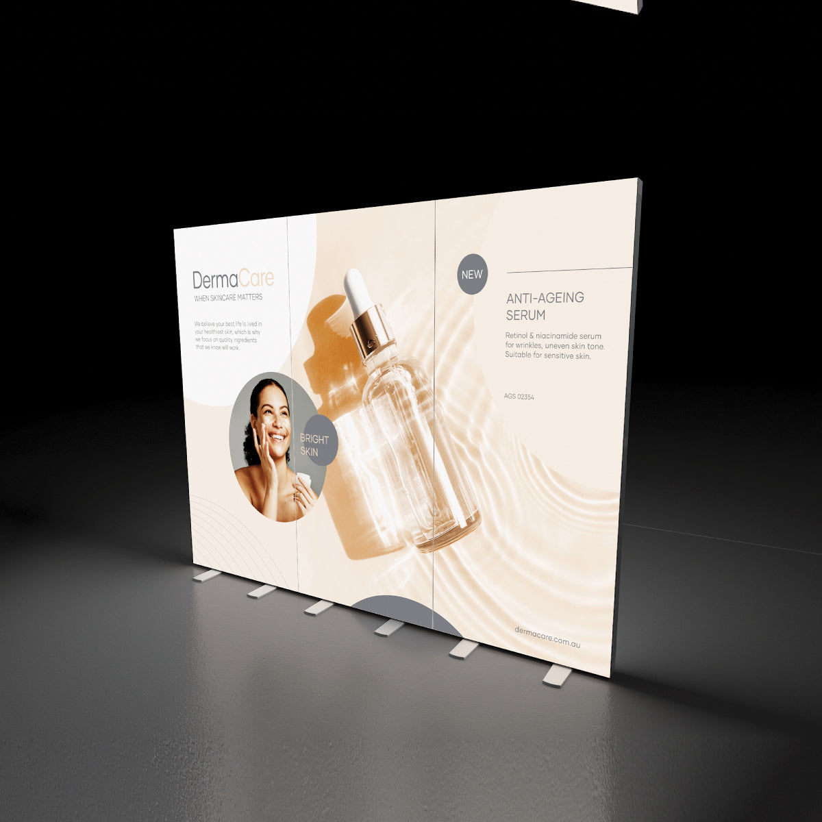 Large trade show display panel featuring anti-ageing serum promotion with product image and smiling woman