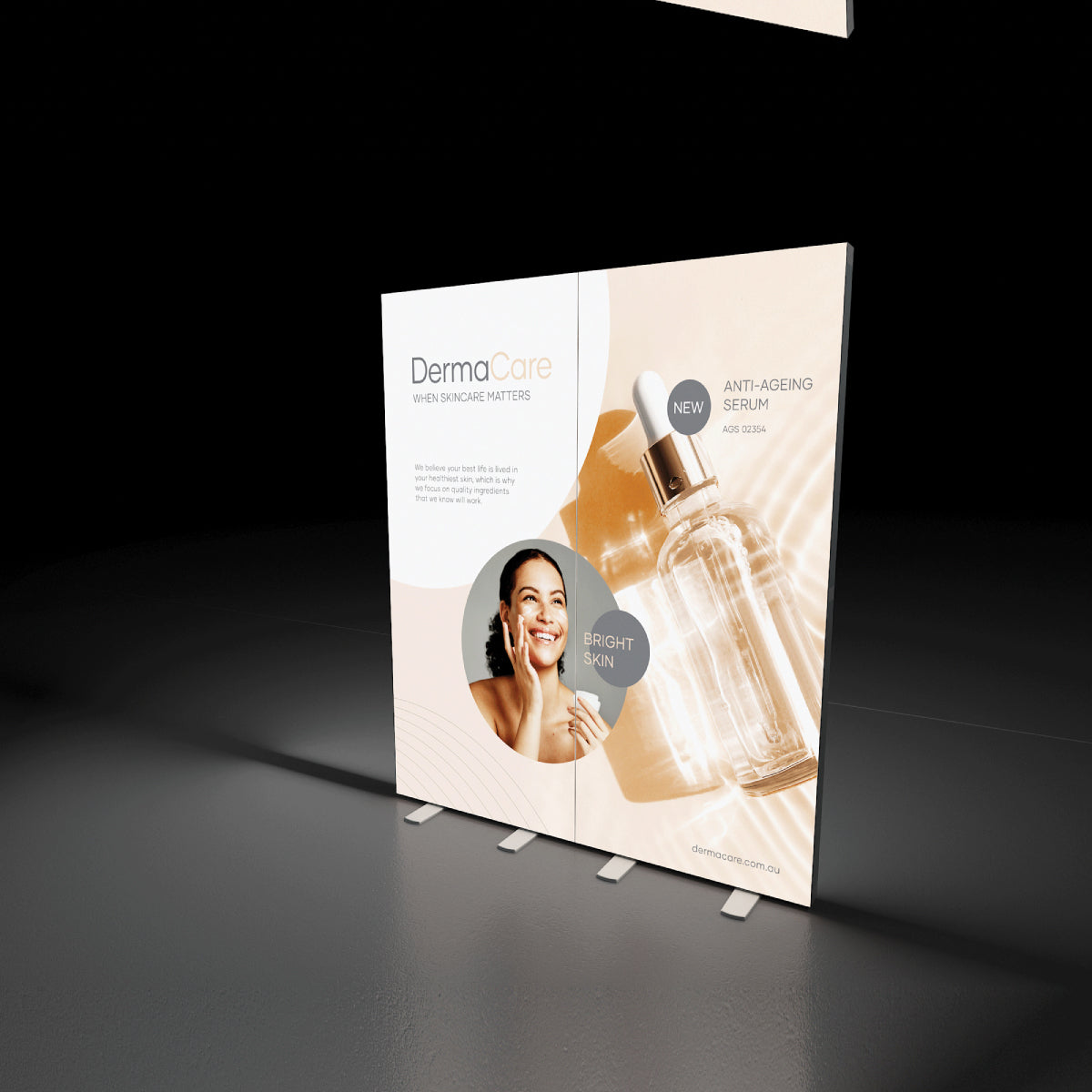 Trade show display featuring DermaCare anti-ageing serum and skincare promotion with bright skin visual