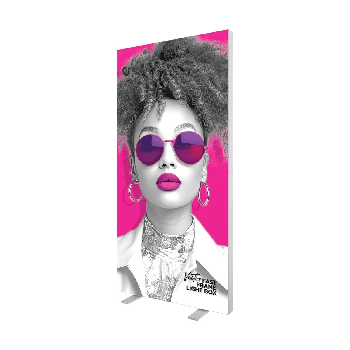 Tall fabric light box display featuring stylish woman portrait for trade shows and special events