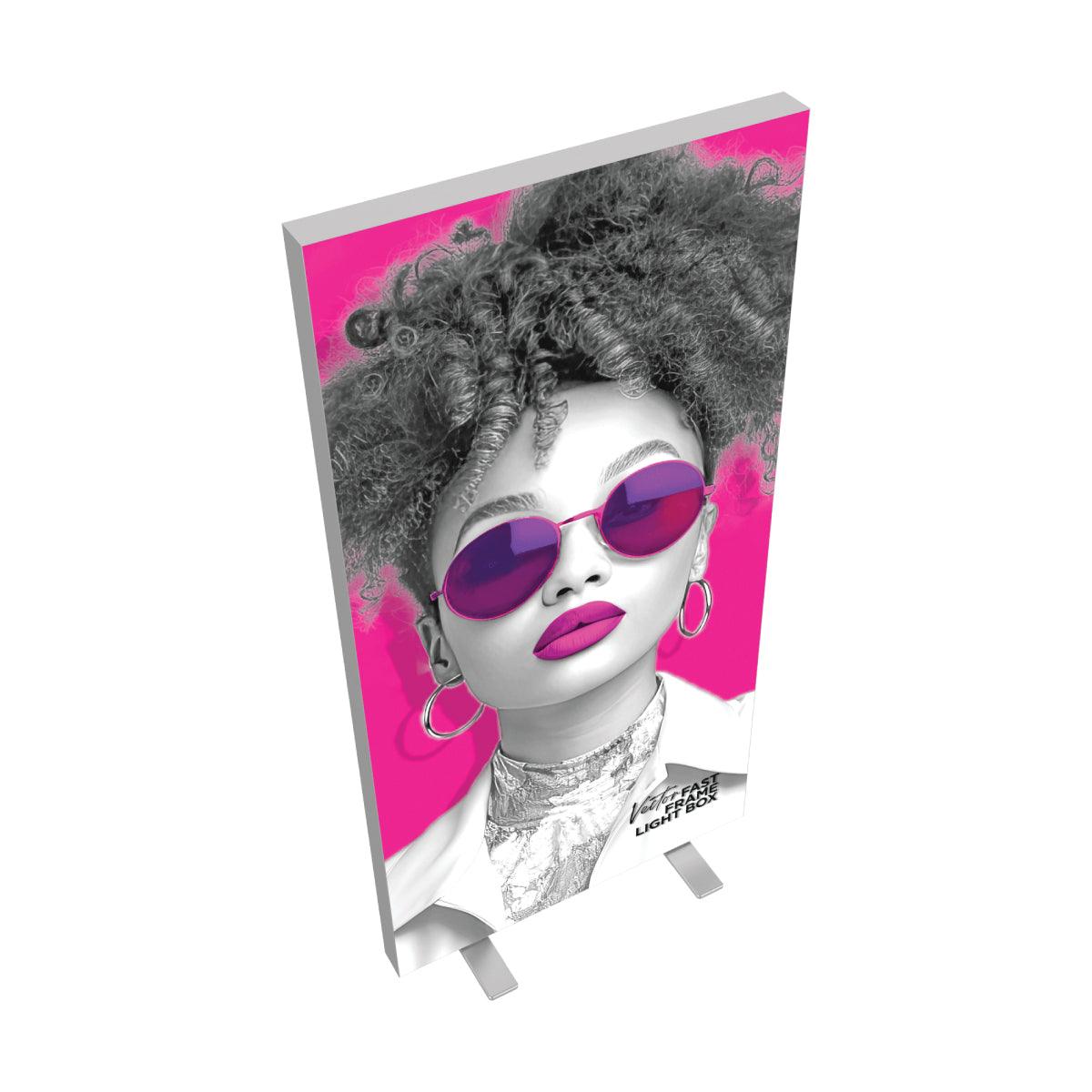 Freestanding light box display featuring stylish portrait for trade shows and exhibitions