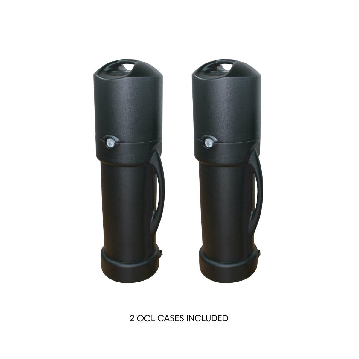 Pair of durable cylindrical carrying cases with handles for trade shows and exhibitions