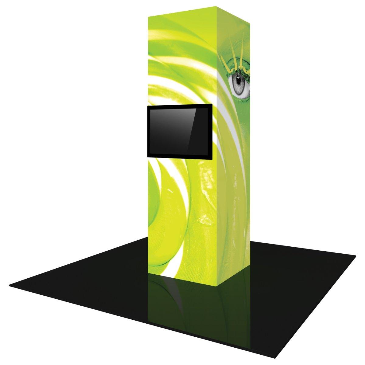 Backlit monitor tower with eye graphic for trade shows and exhibitions on black floor