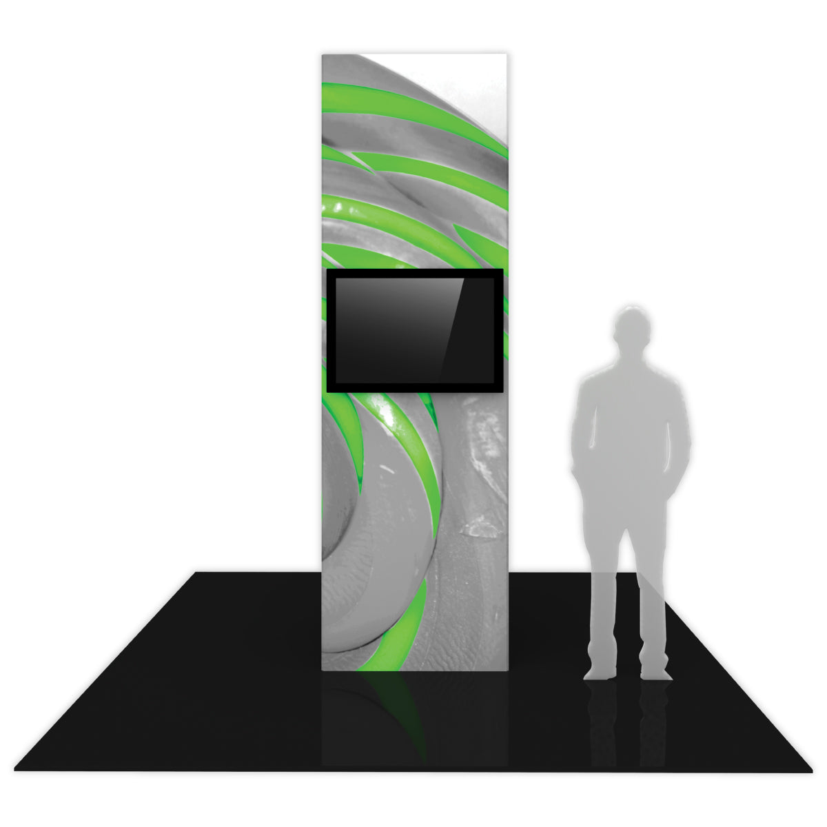 Tall monitor tower display with digital screen for trade shows and exhibitions on a black floor platform