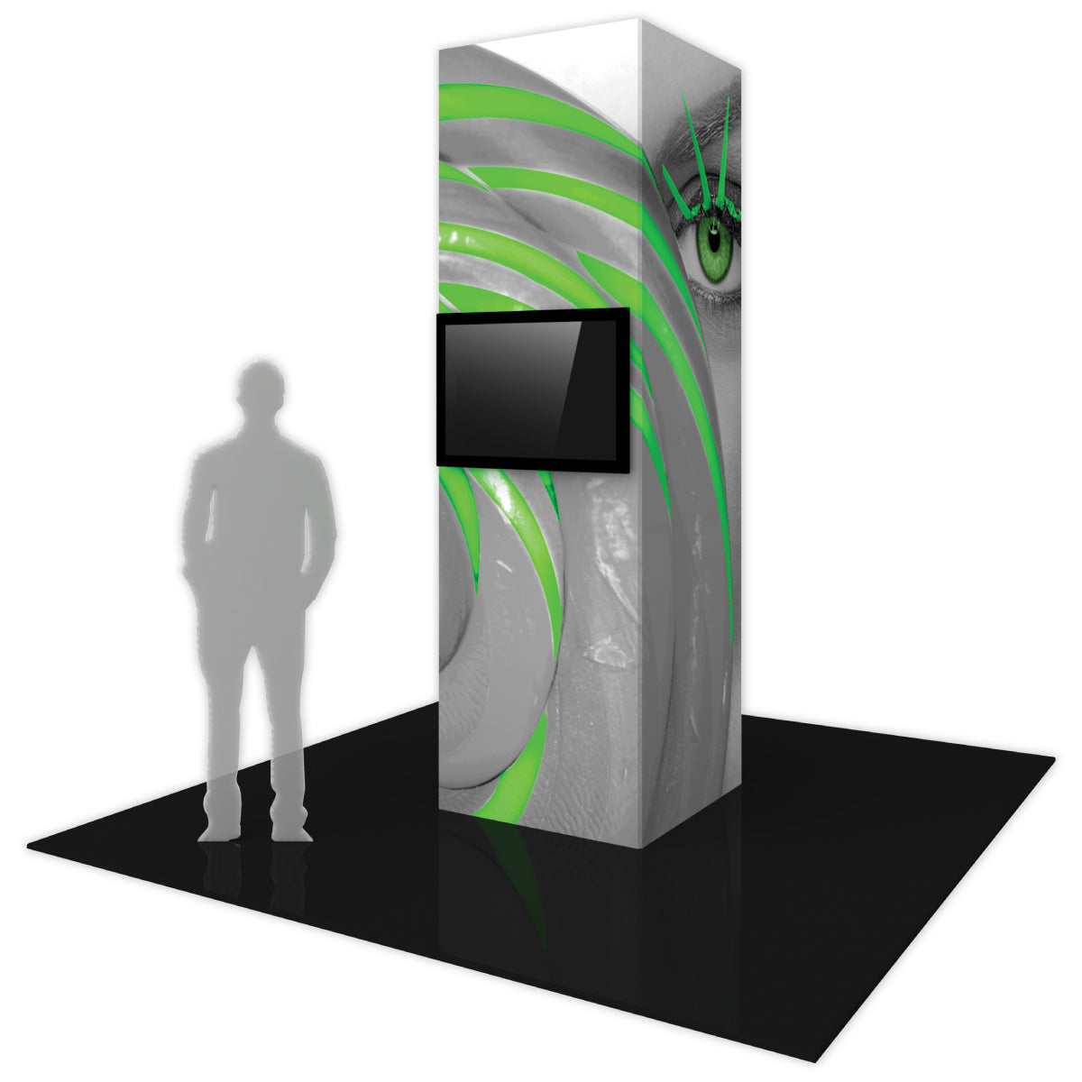 Tall rectangular monitor tower with large graphic panel and mounted screen for trade shows and exhibitions