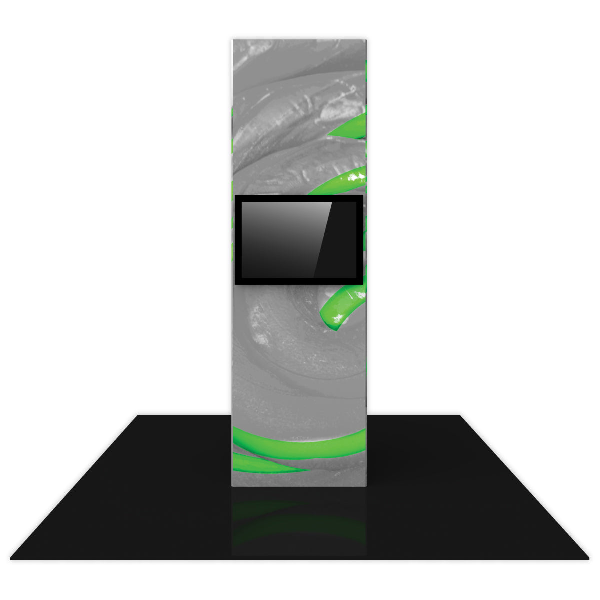 Tall monitor tower display with screen for trade shows and exhibitions on black floor