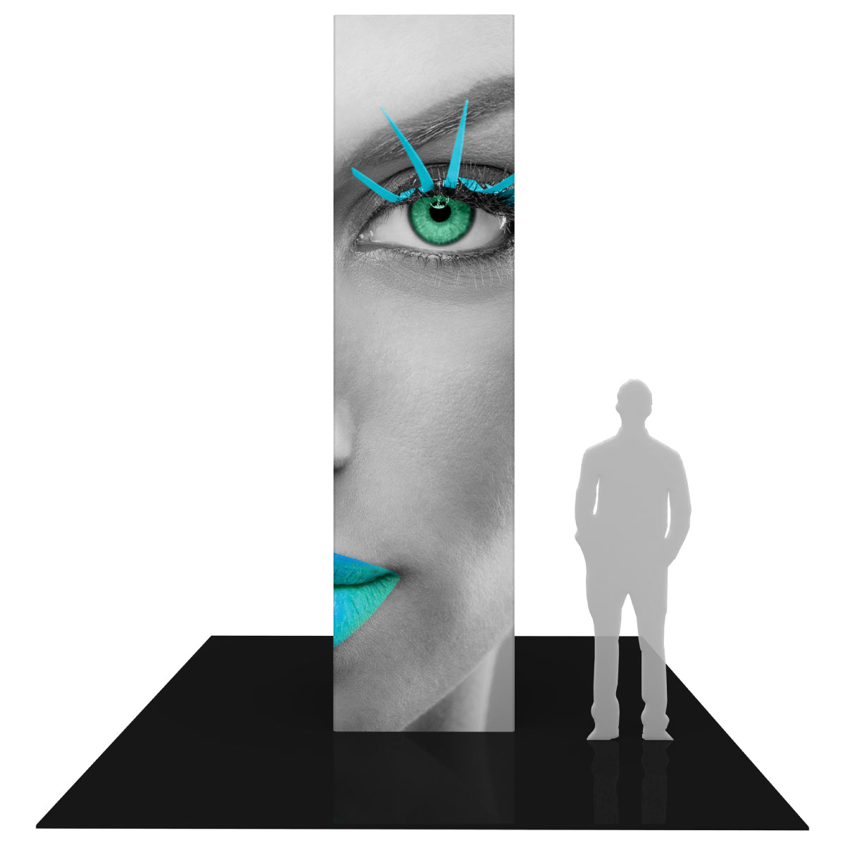 tall rectangular display panel with close-up face graphic for trade show and exhibition booth