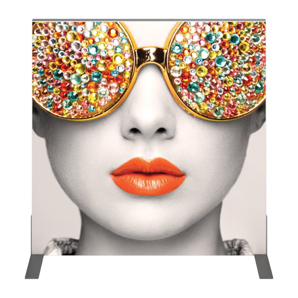 Large graphic display featuring a close-up of a face wearing sunglasses with decorative gems, ideal for trade shows and exhibitions