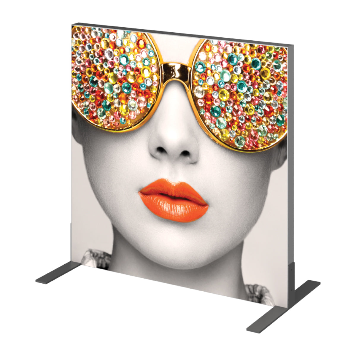 Trade show fabric display stand featuring close-up black and white face with embellished sunglasses and bold lips