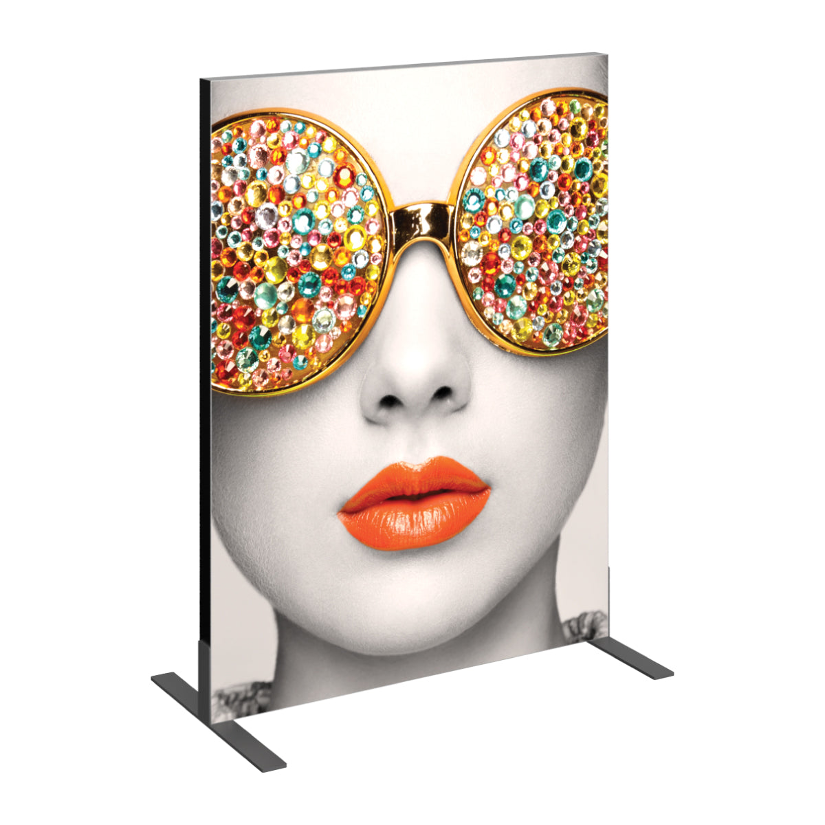Trade show display with artistic close-up of face wearing jeweled sunglasses and bold lips