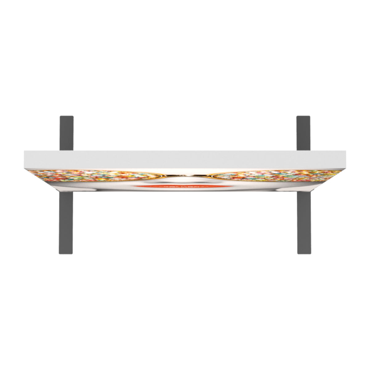 Overhead trade show hanging sign with vibrant circular graphics for exhibitions and special events