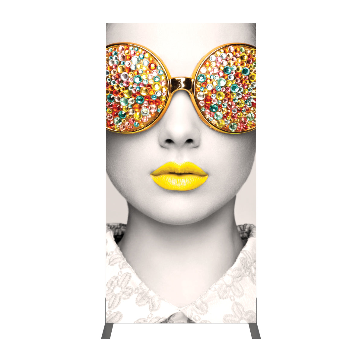 Exhibition banner featuring close-up portrait with embellished sunglasses and highlighted lips for trade shows
