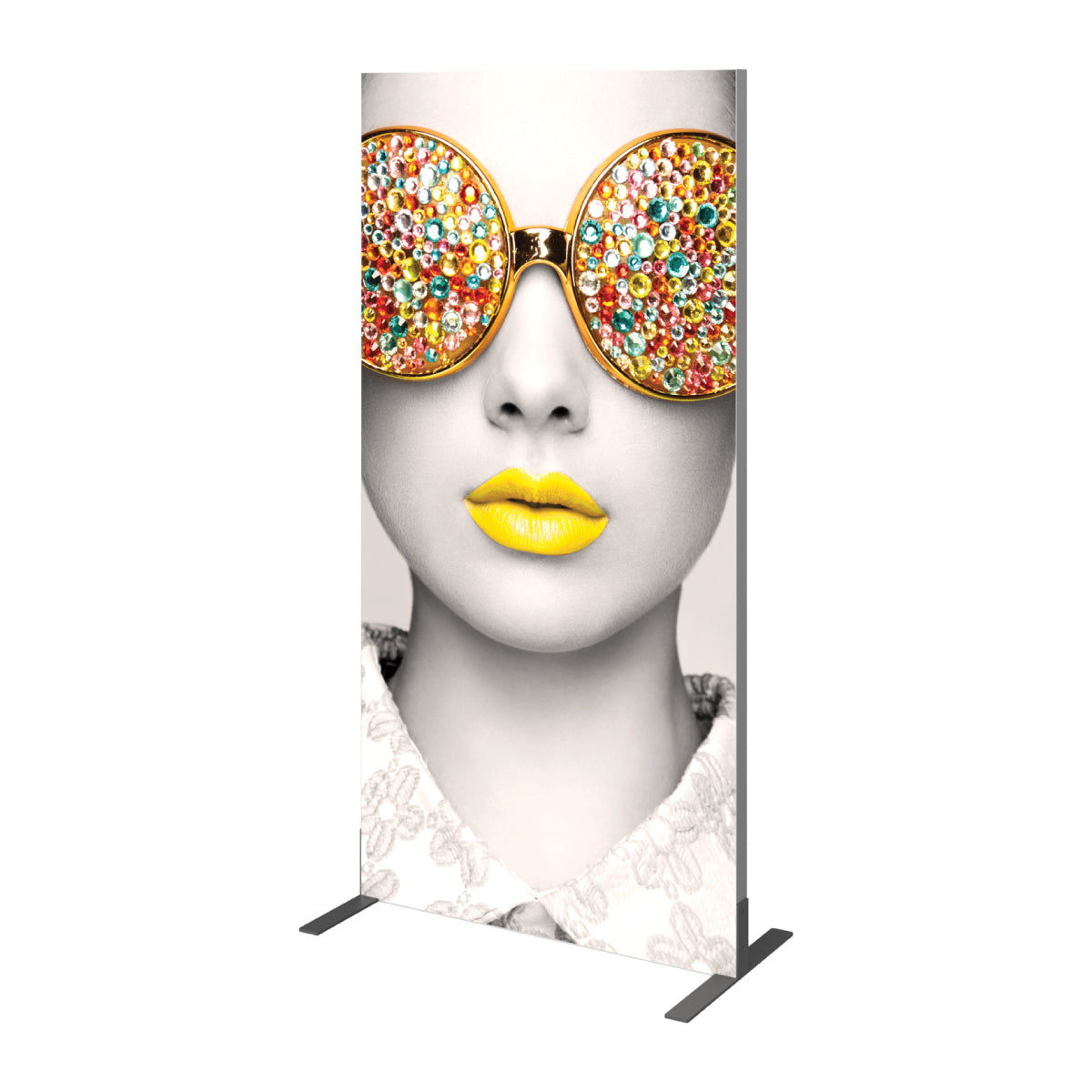 Freestanding banner display featuring artistic portrait with embellished sunglasses and bright lips for trade shows and exhibitions