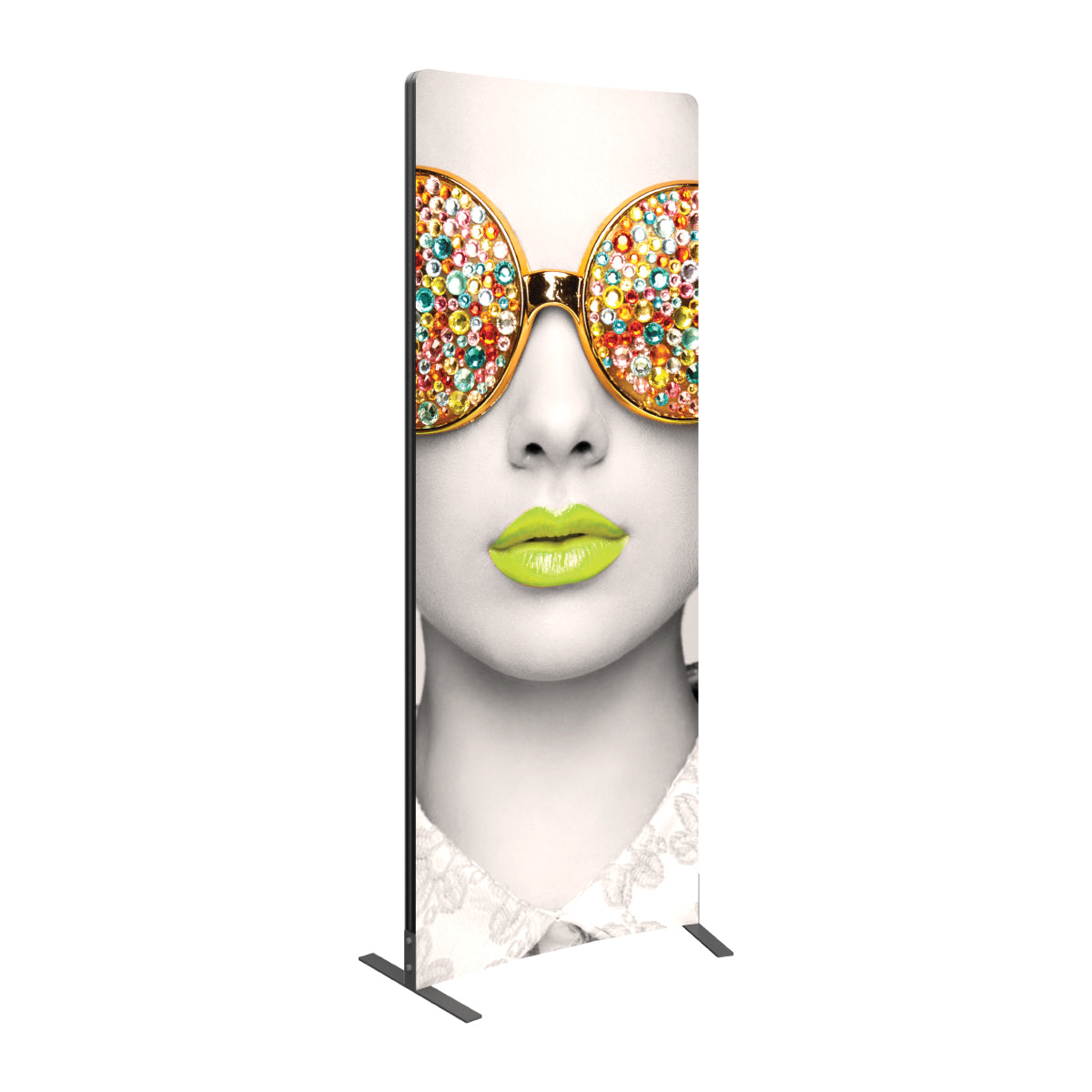 Tall fabric display banner featuring close-up art of a face with embellished oversized glasses and glossy lips for trade shows