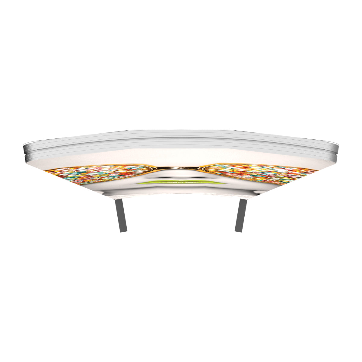 Curved geometric hanging frame with vibrant printed panels for trade show and exhibition displays