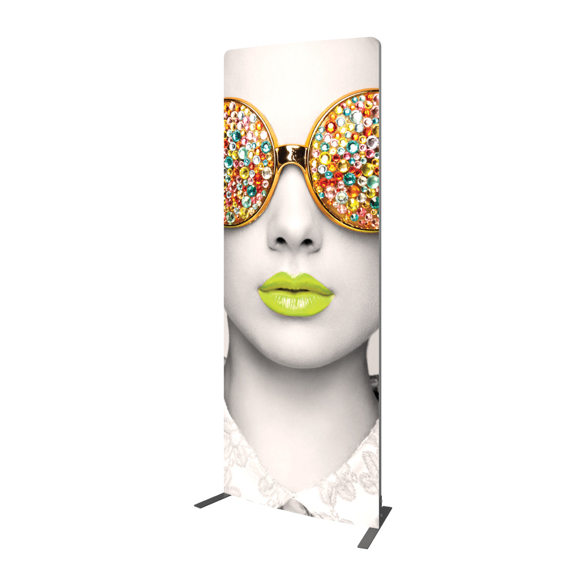 Tall fabric display banner featuring a close-up black and white face with decorative large sunglasses and vivid lips for trade shows and exhibitions