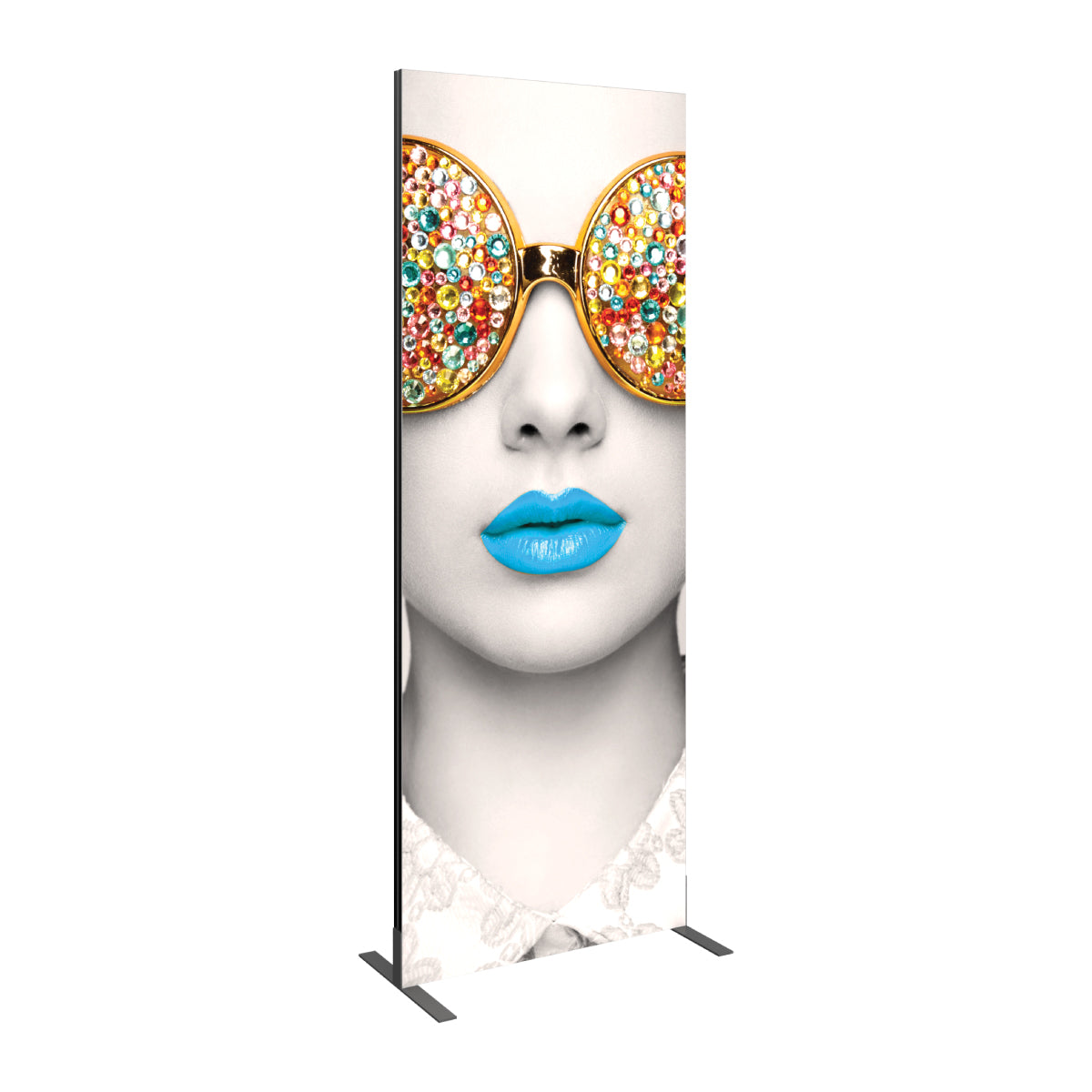 Tall fabric trade show banner featuring close-up of a woman with gemstone sunglasses and bright lips