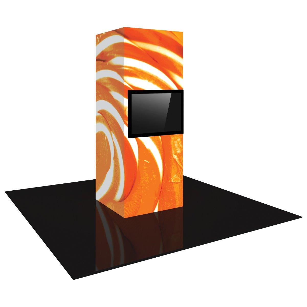 Backlit monitor tower with graphic wrap and embedded screen, ideal for trade show, exhibition displays
