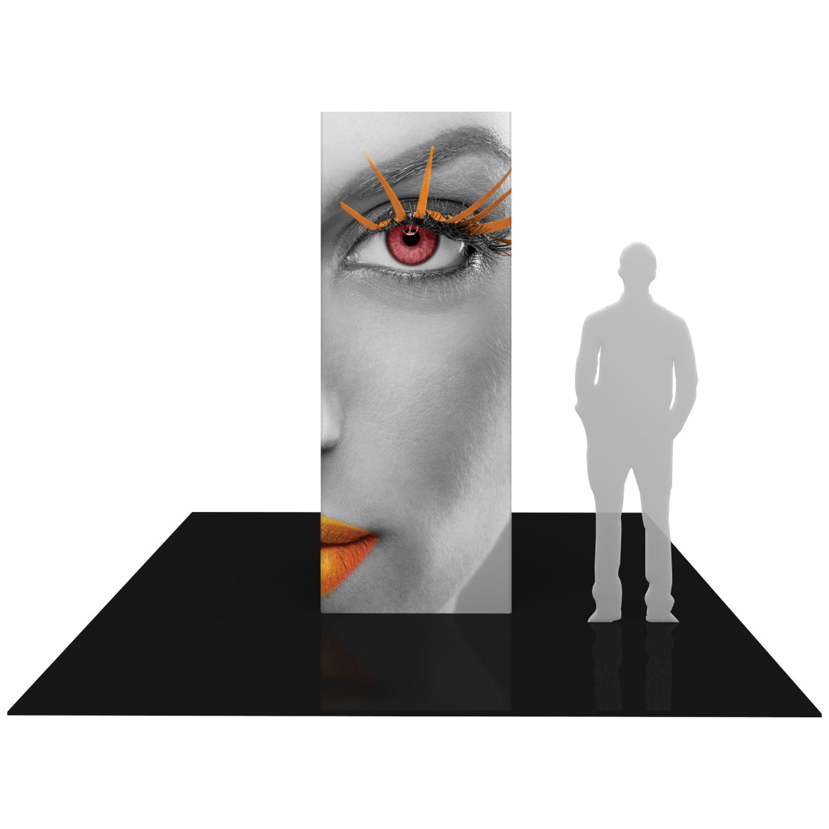 Tall vertical display tower with high-resolution face graphic for trade shows and exhibitions