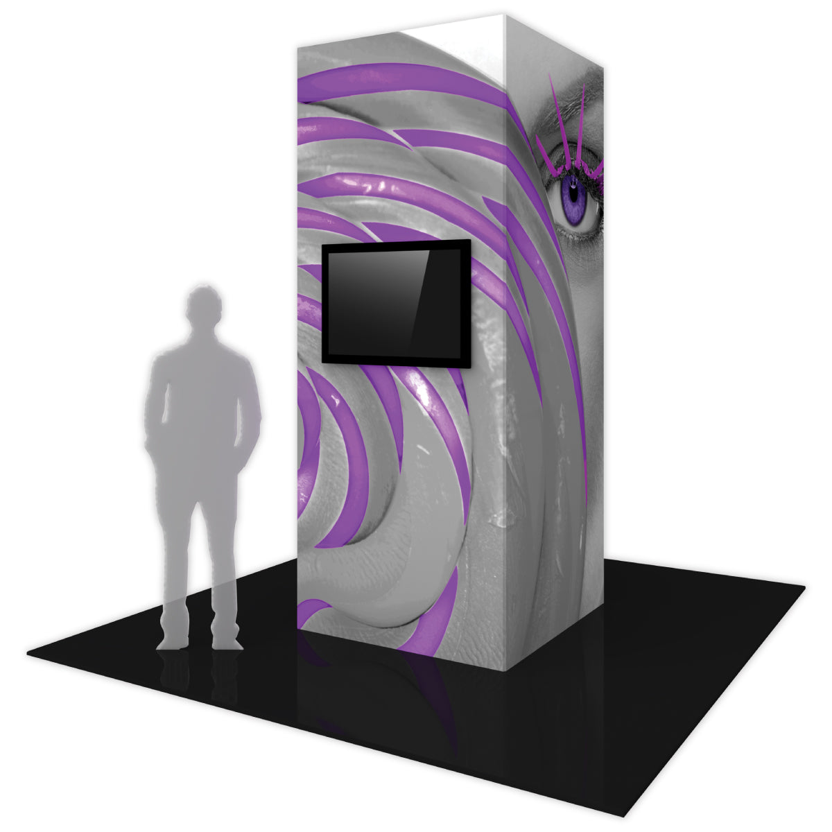 Trade show monitor tower with eye graphic and display screen for exhibitions and events