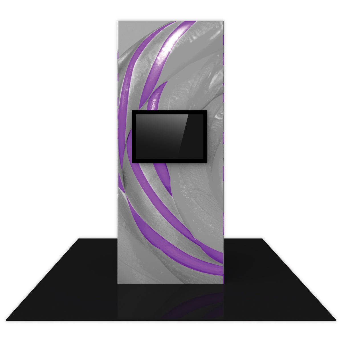 Tall freestanding monitor tower with graphic panel for trade shows and exhibitions