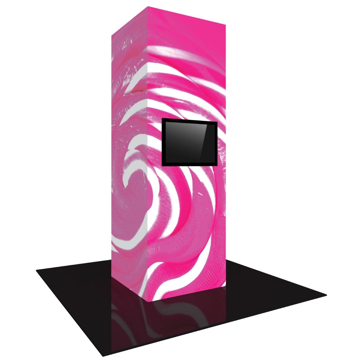 Tall trade show monitor tower with integrated screen and vibrant swirl graphics on a black floor mat