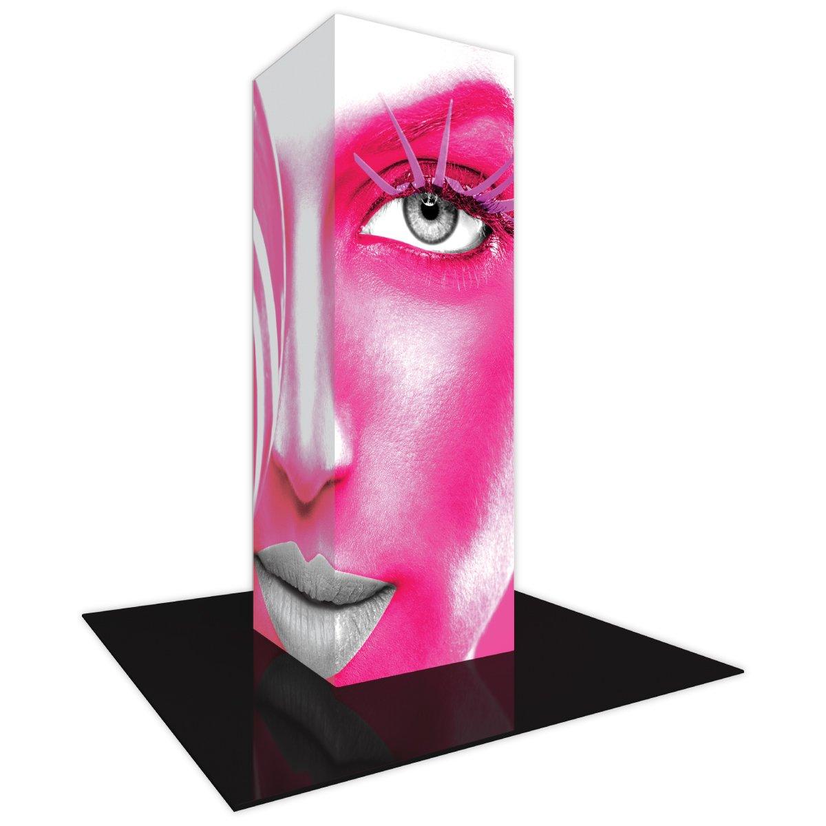 Backlit tower display featuring a stylized close-up face graphic for trade shows and exhibitions