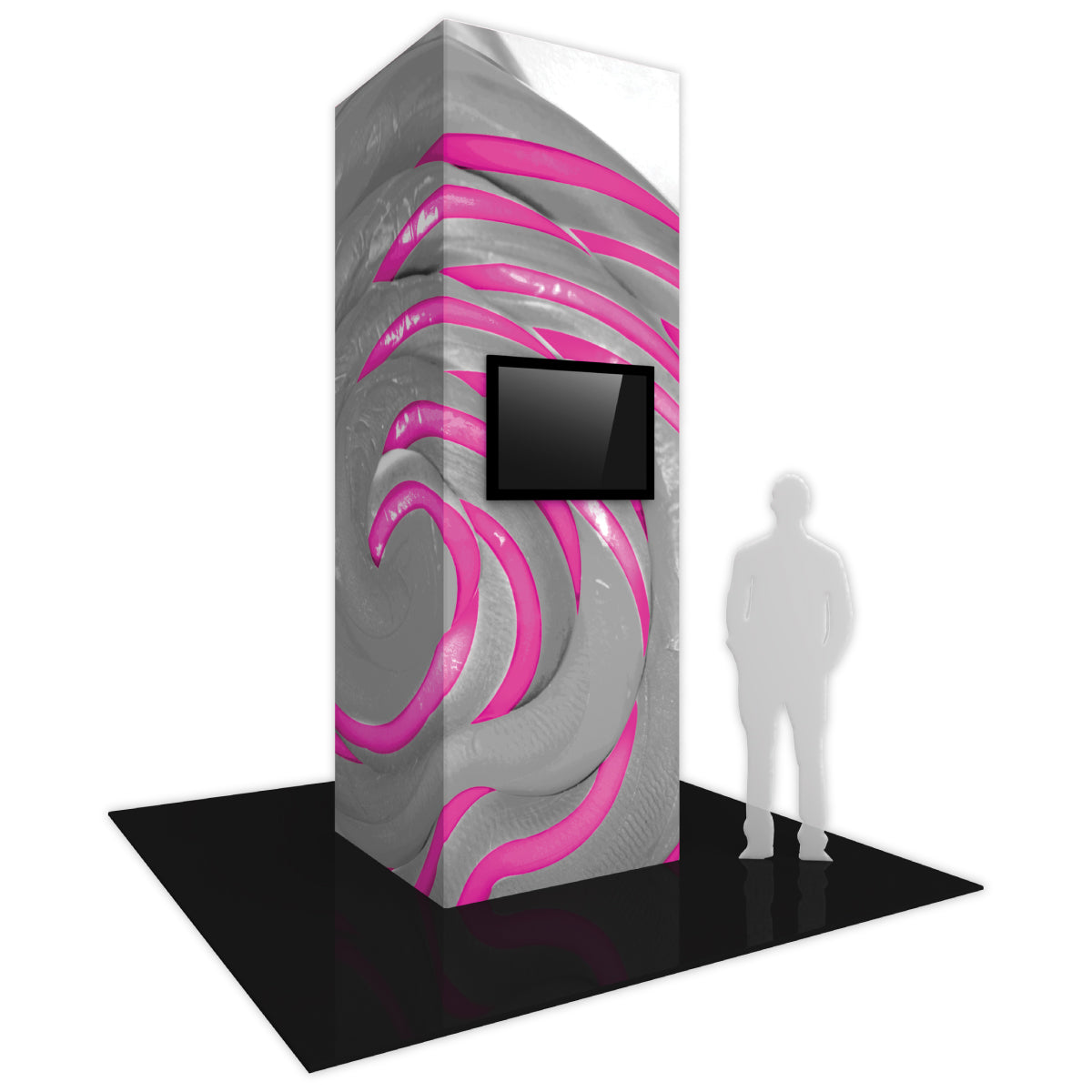 Tall, freestanding monitor tower with screen for trade shows and exhibitions display
