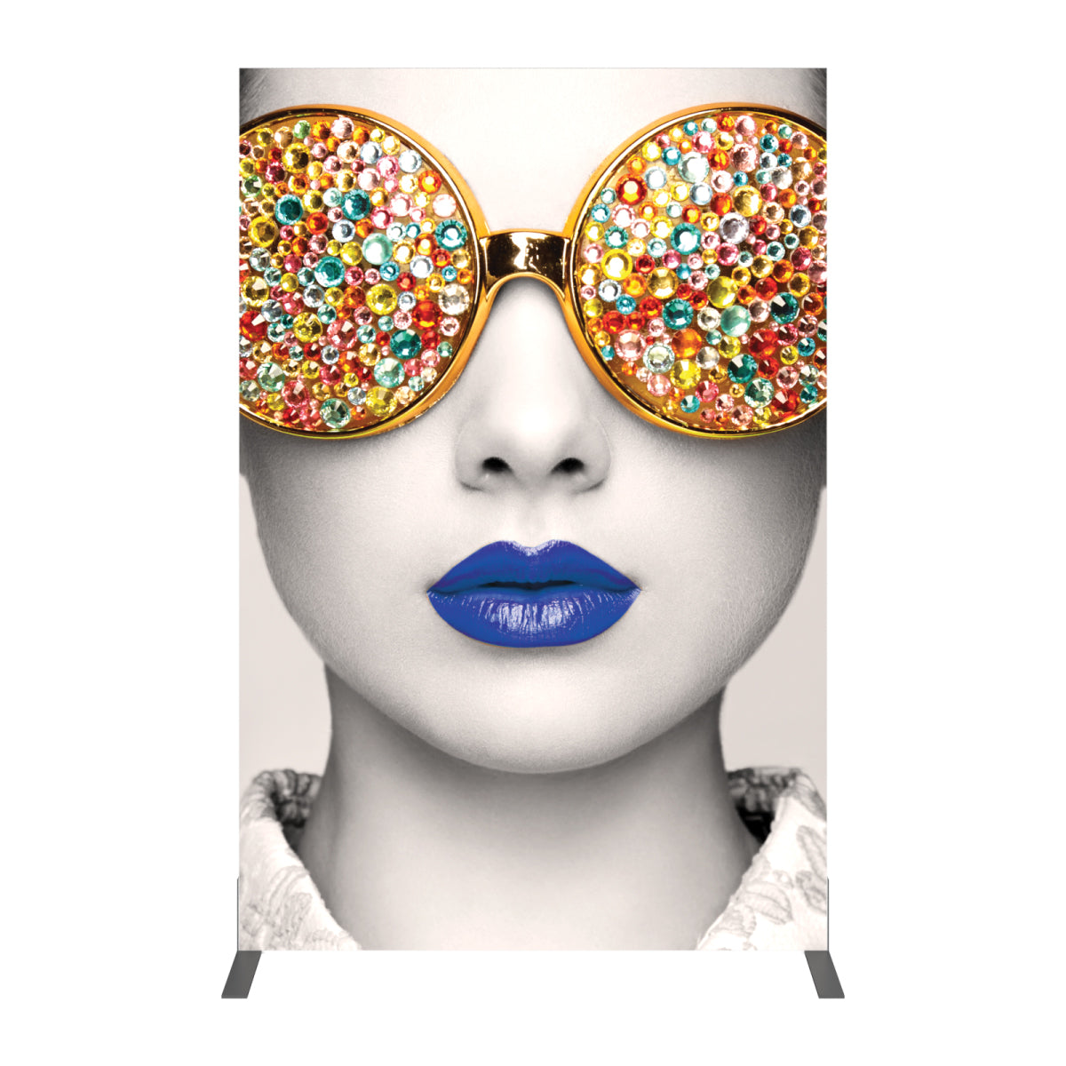 Large display banner featuring a close-up face with embellished round glasses for trade shows and exhibitions