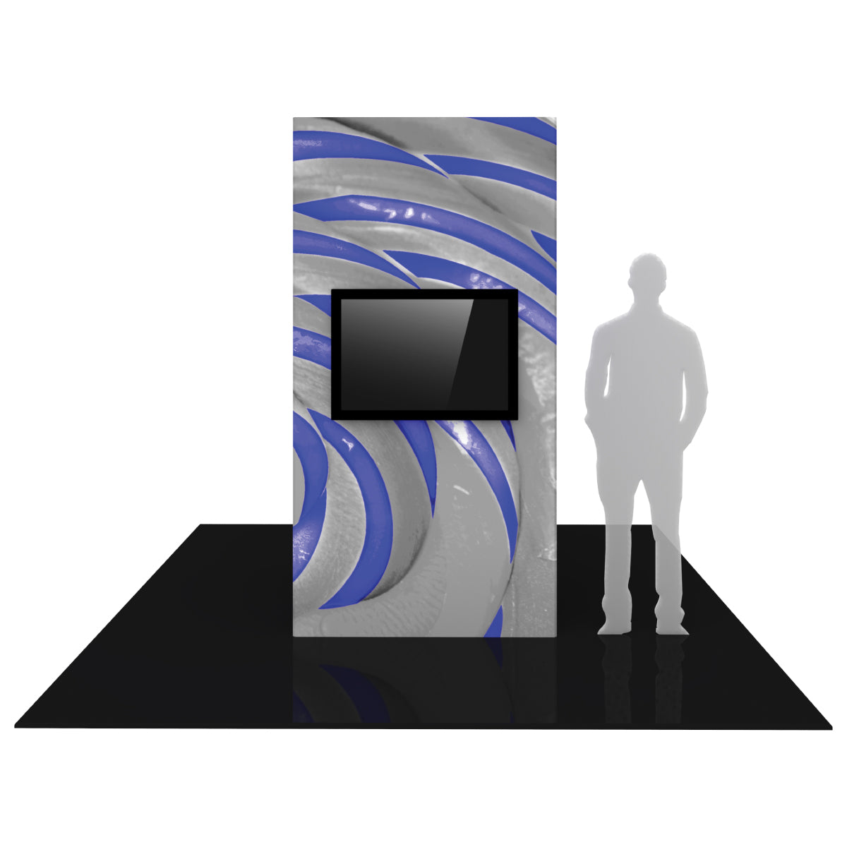 Exhibition monitor tower with graphic panel and mounted screen for trade shows and special events