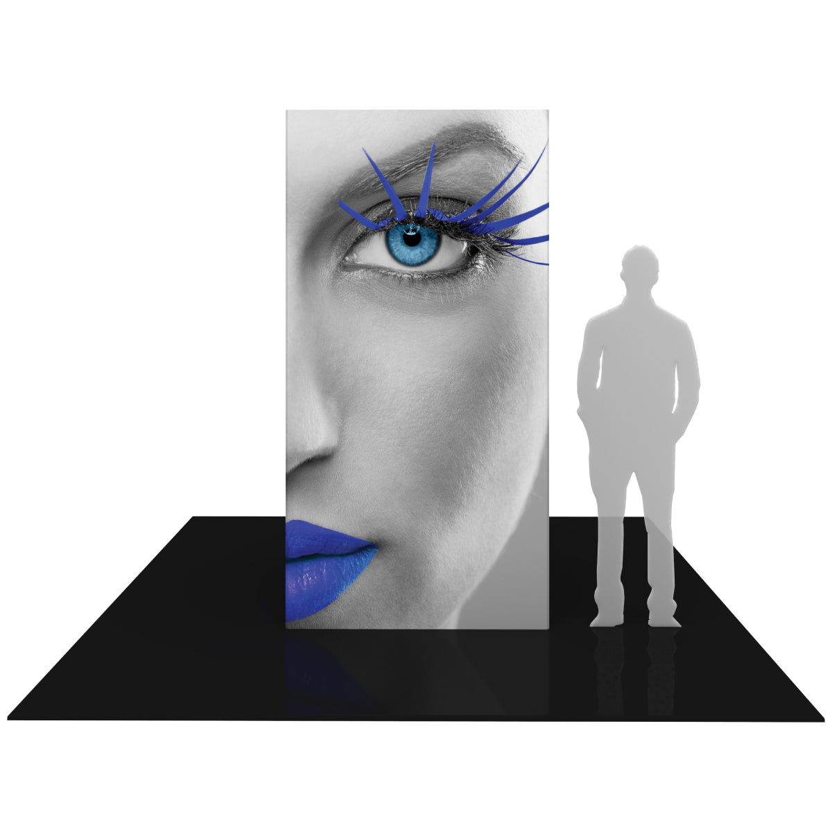 Large freestanding exhibition tower with close-up face graphic, suited for trade shows and special events