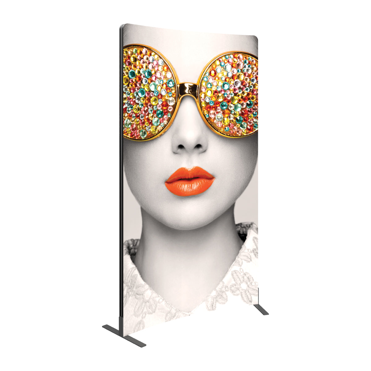 Standing promotional display banner featuring artistic portrait for trade shows, exhibitions, and events