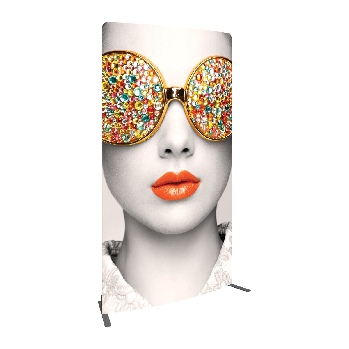 Curved fabric display with artistic close-up of woman's face wearing decorative sunglasses for trade shows