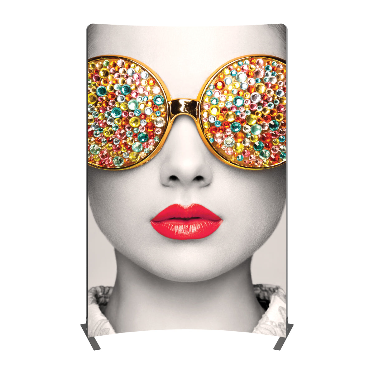 Curved trade show banner featuring a black and white portrait with embellished sunglasses and red lips