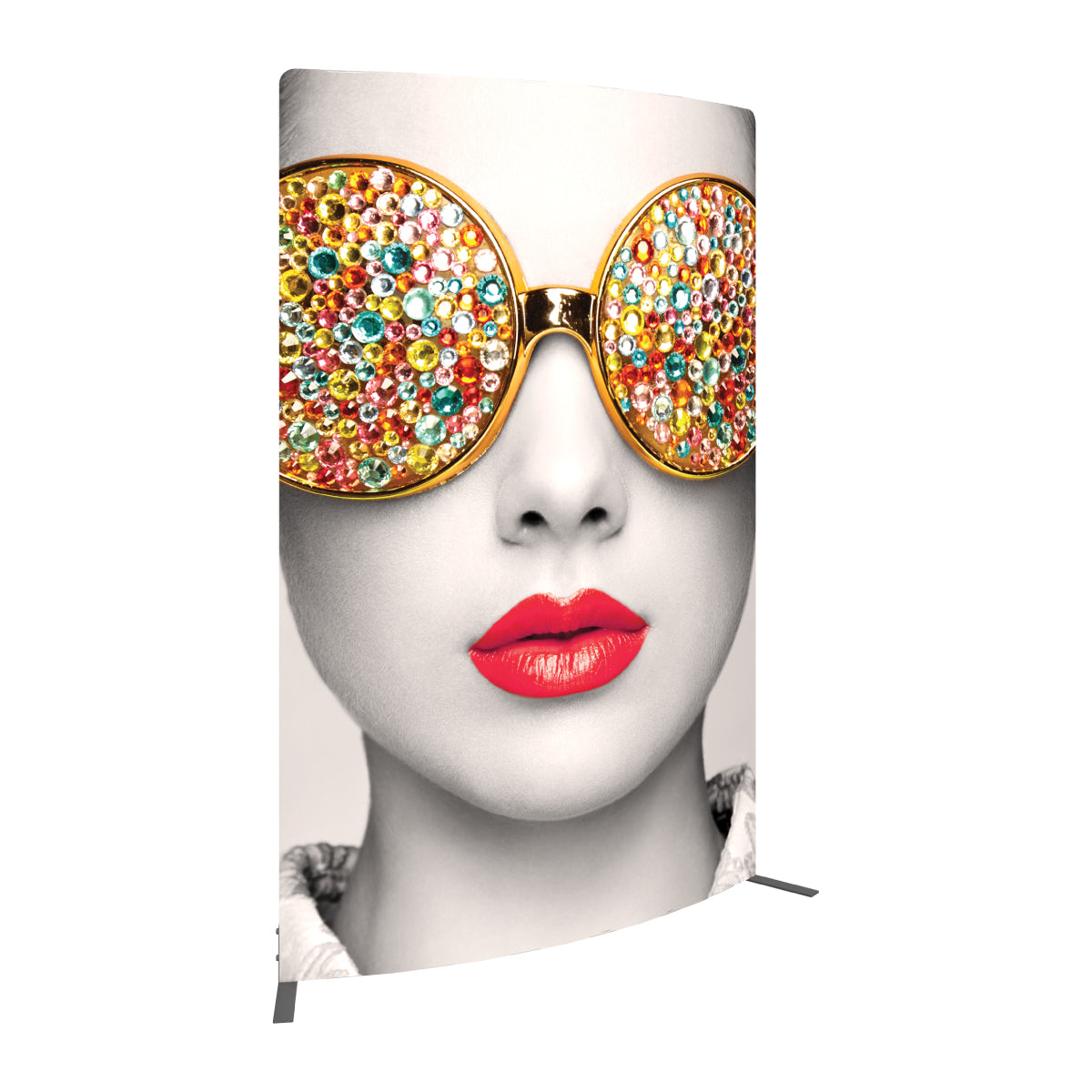 Curved fabric trade show display featuring close-up female face wearing embellished sunglasses and red lips