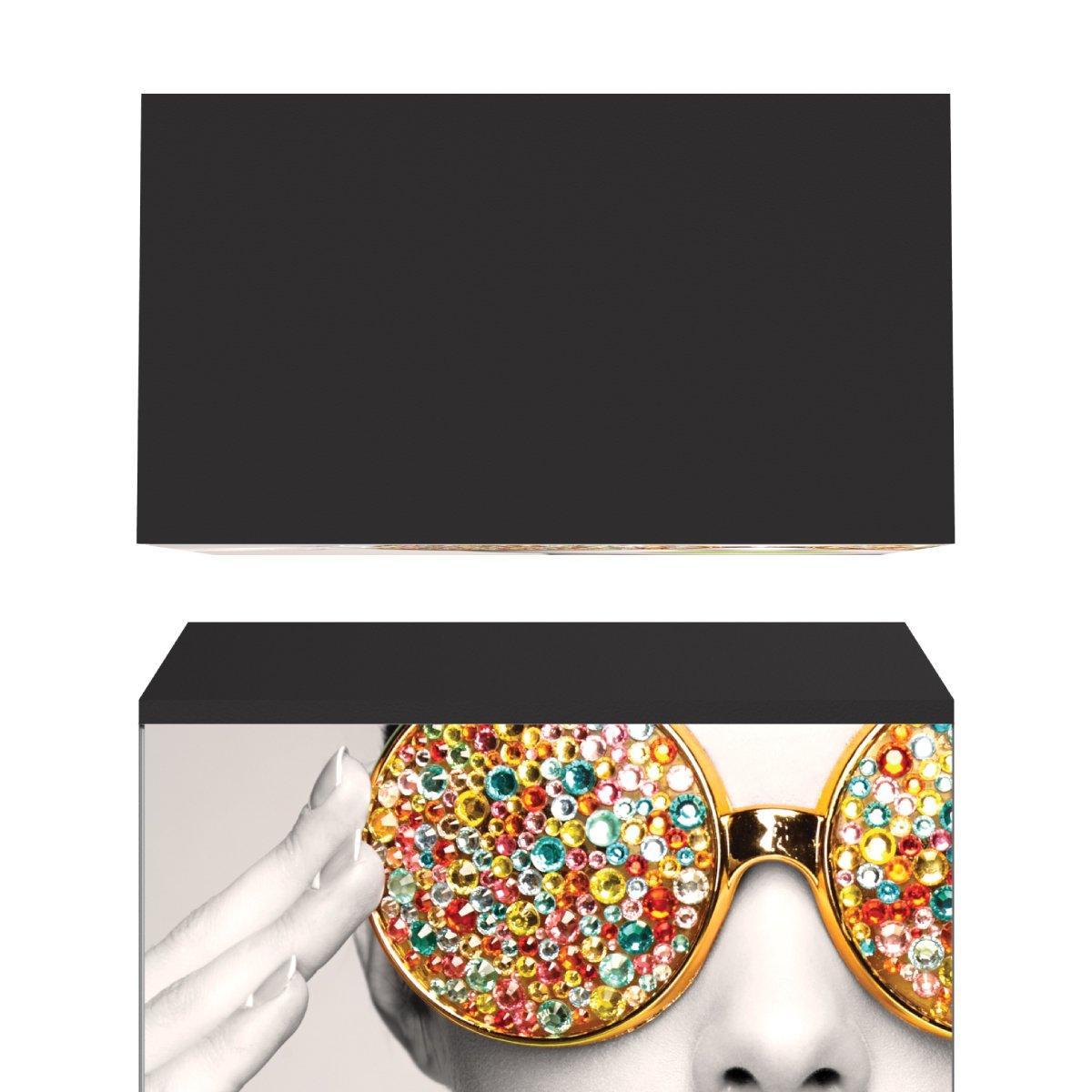 Custom printed trade show counter with close-up of sunglasses decorated with colorful gems for exhibitions