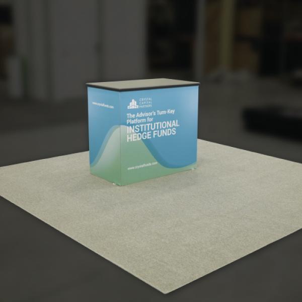 Trade show counter with branding for institutional hedge funds platform, ideal for exhibitions and events