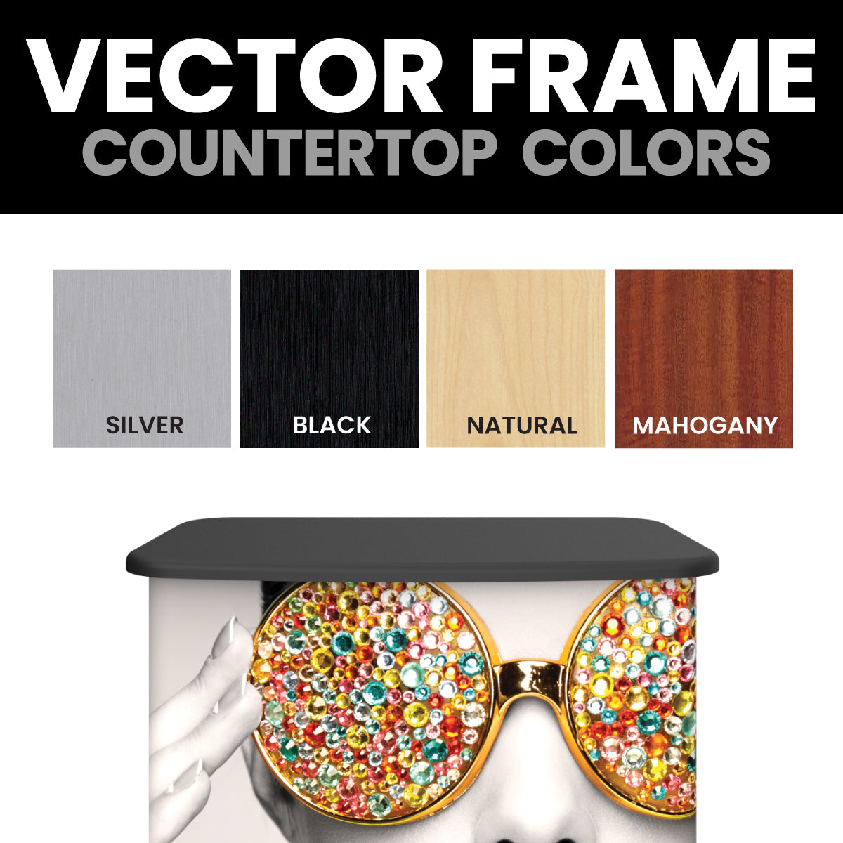 Vector Frame trade show counters with countertop color options for exhibitions and events