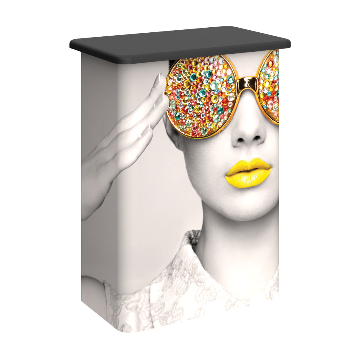 Exhibition counter with stylish woman graphic wearing gem-studded sunglasses and bright lips for trade shows